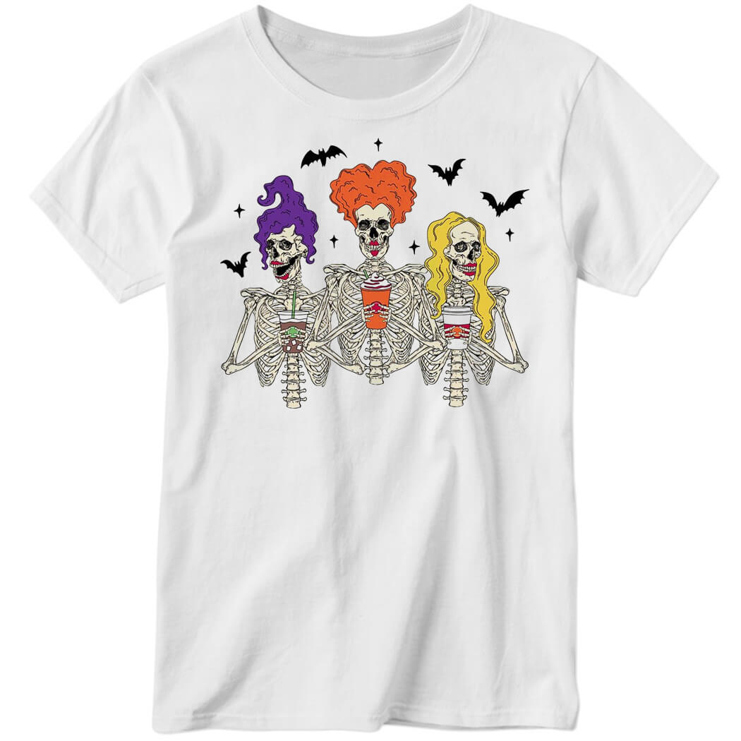 3 Witch Skeletons Shirt, Halloween Trick-Or-Treat, Coffee, Dancing Skeleton Ladies Boyfriend Shirt